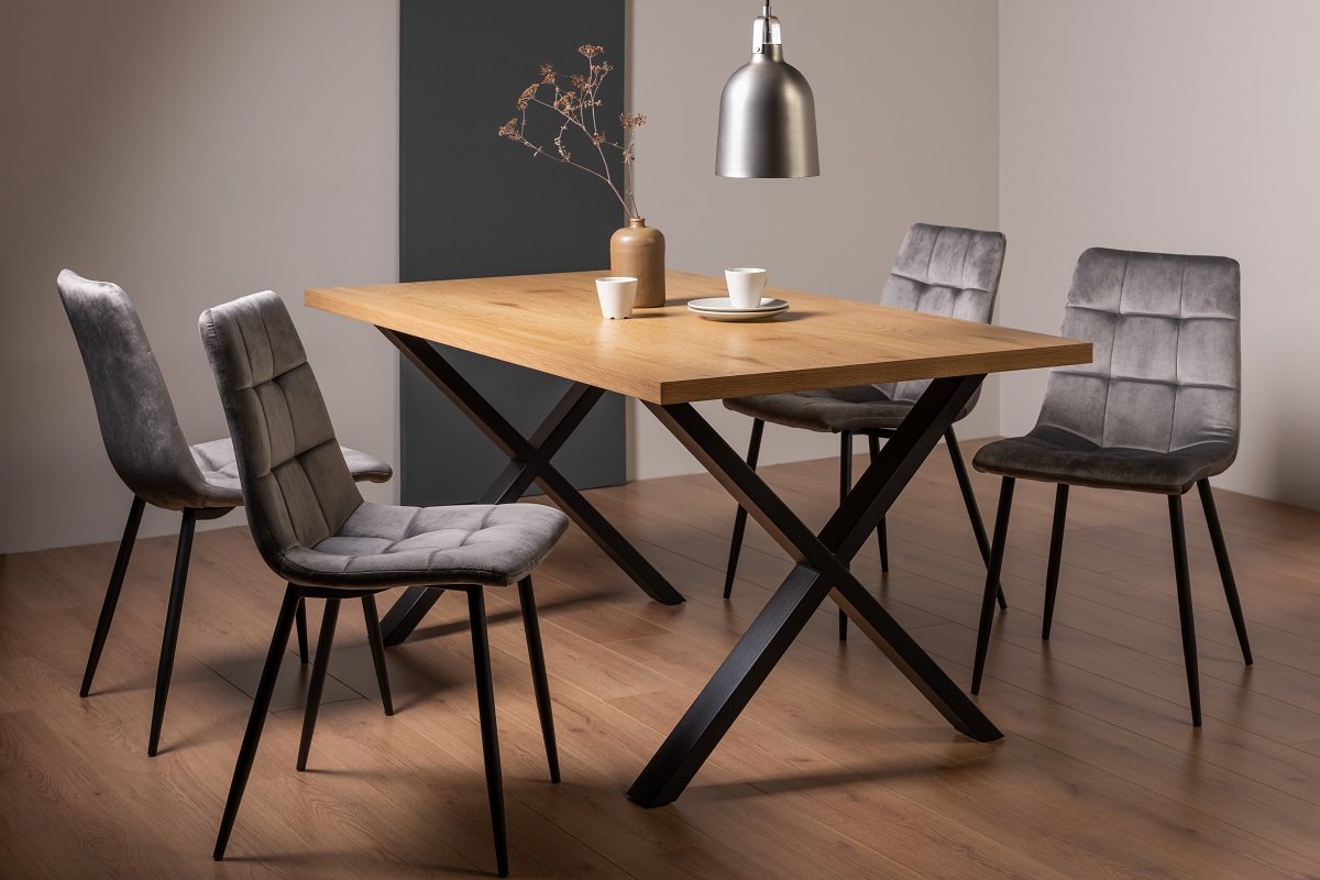 Ramsay X Leg Oak Effect 6 Seater Dining Table & 4 Mondrian Grey Velvet Fabric Chairs