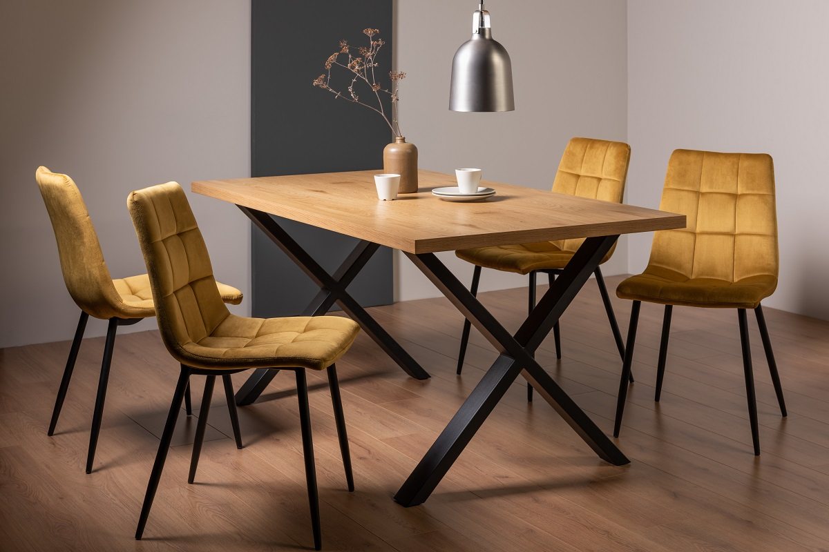 Ramsay X Leg Oak Effect 6 Seater Dining Table & 4 Mondrian Mustard Velvet Fabric Chairs