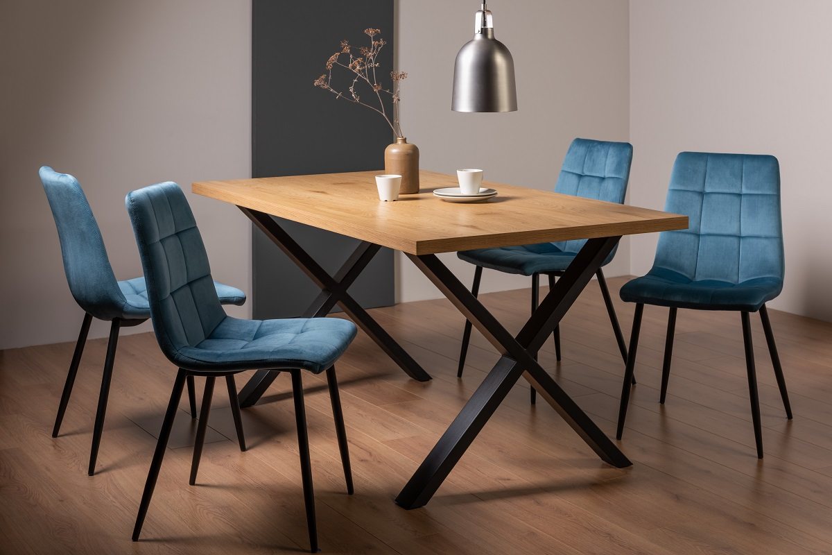 Ramsay X Leg Oak Effect 6 Seater Dining Table & 4 Mondrian Petrol Blue Velvet Fabric Chairs