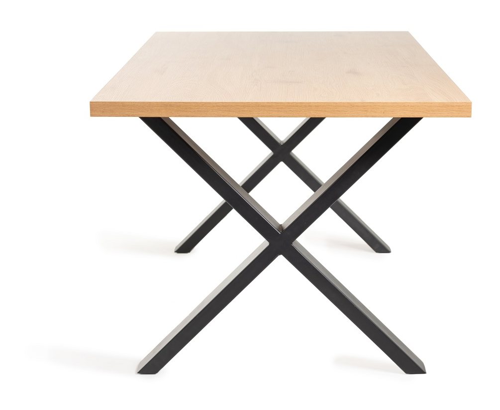 Ramsay - X Leg Oak Effect 6 Seater Dining Table & 4 Blue Velvet Mondrian Dining Chairs