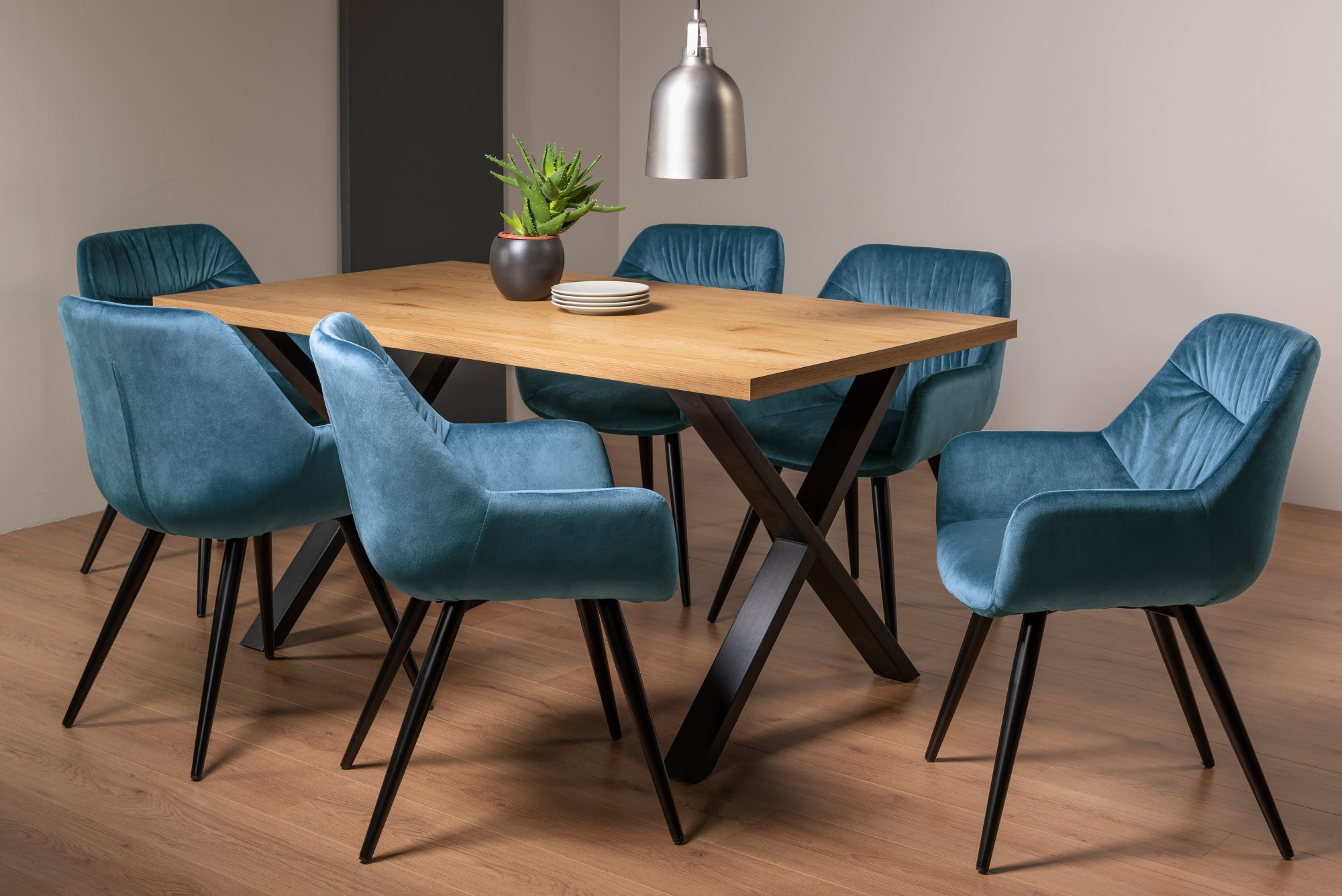 Ramsay X Leg Oak Effect 6 Seater Dining Table & 6 Dali Petrol Blue Velvet Fabric Chairs