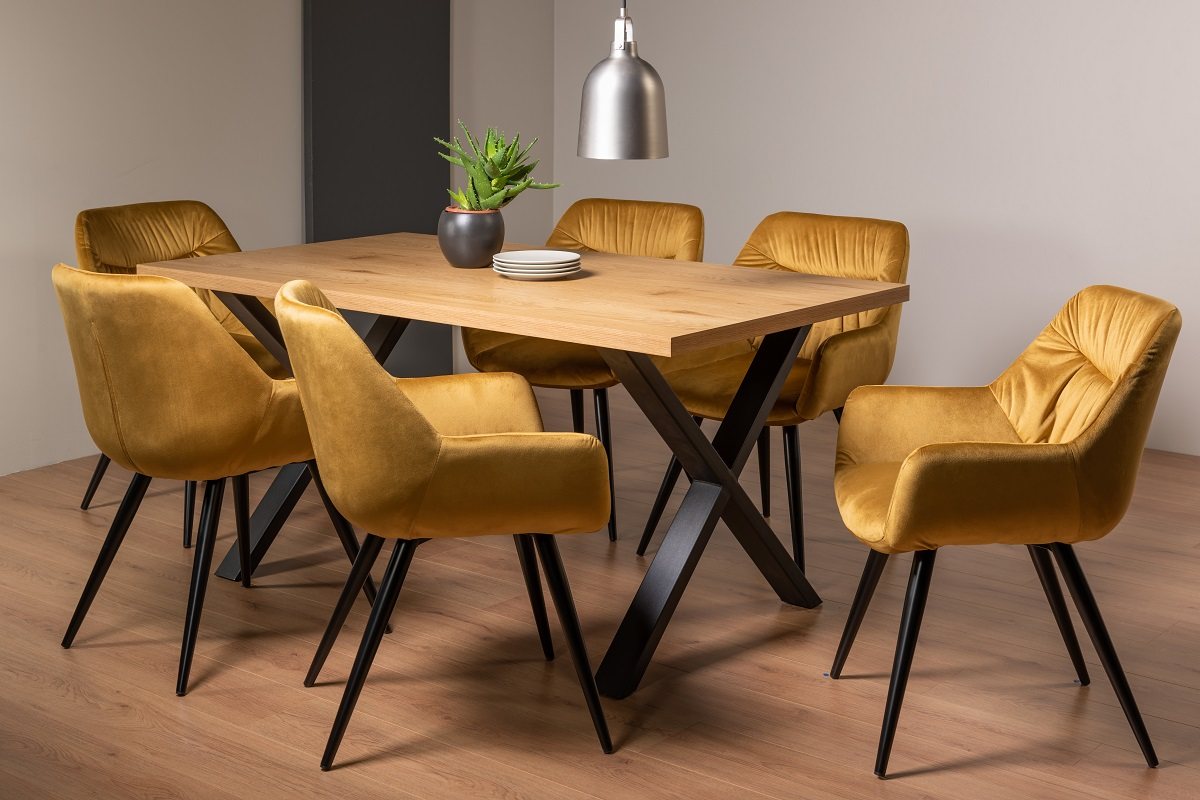 Ramsay X Leg Oak Effect 6 Seater Dining Table & 6 Dali Mustard Velvet Fabric Chairs