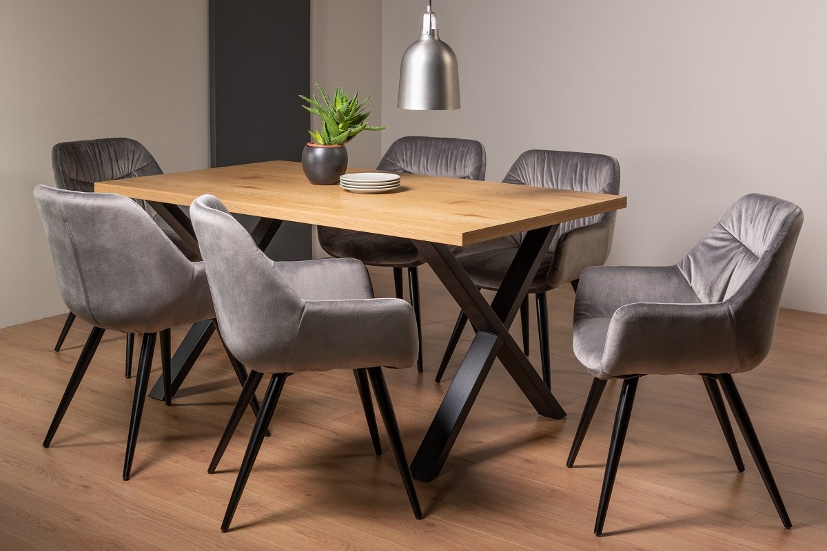 Ramsay X Leg Oak Effect 6 Seater Dining Table & 6 Dali Grey Velvet Fabric Chairs