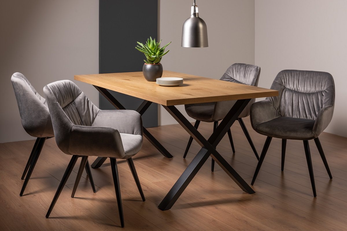 Ramsay X Leg Oak Effect 6 Seater Dining Table & 4 Dali Grey Velvet Fabric Chairs