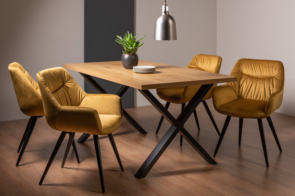 Ramsay X Leg Oak Effect 6 Seater Dining Table & 4 Dali Mustard Velvet Fabric Chairs