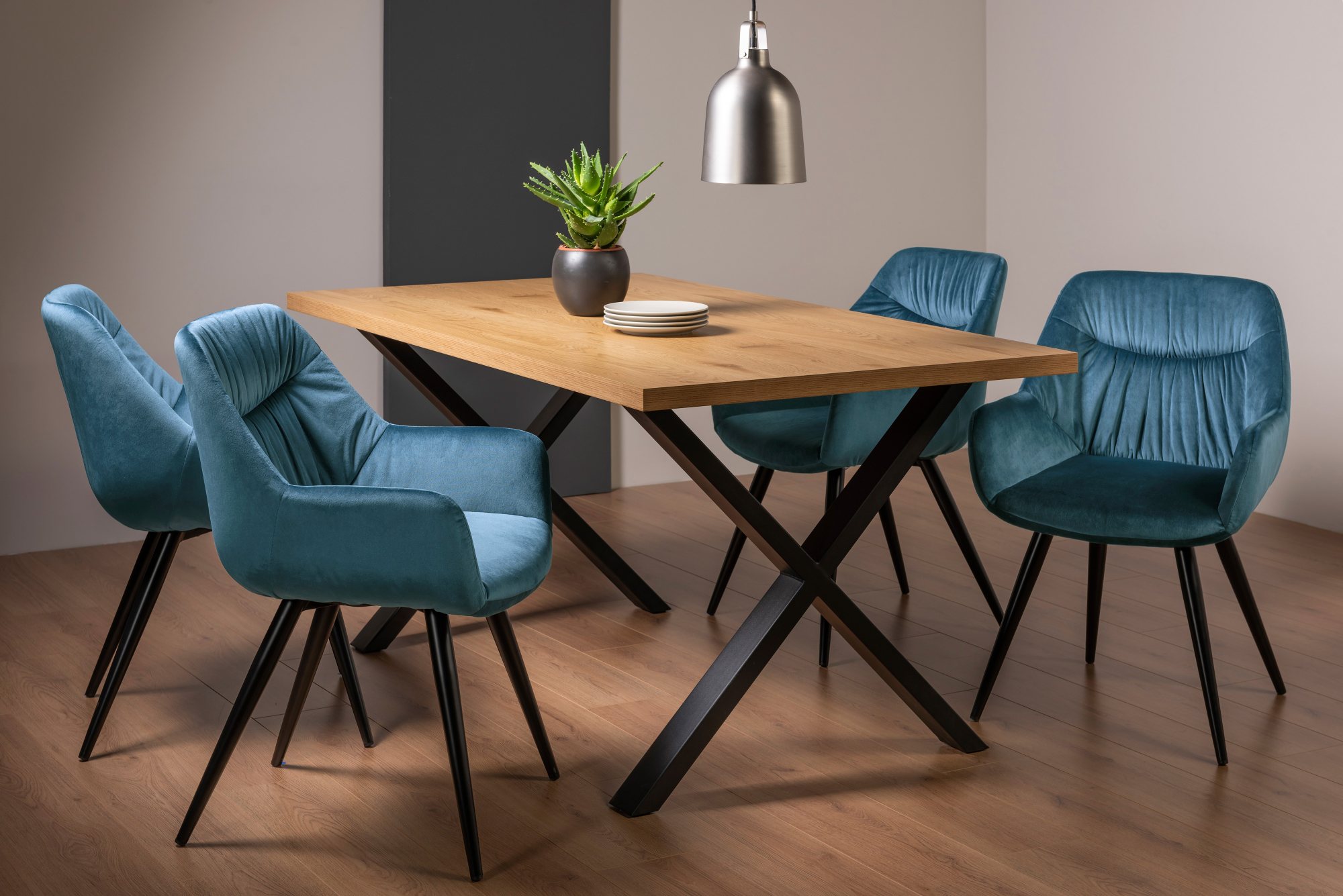 Ramsay X Leg Oak Effect 6 Seater Dining Table & 4 Dali Petrol Blue Velvet Fabric Chairs