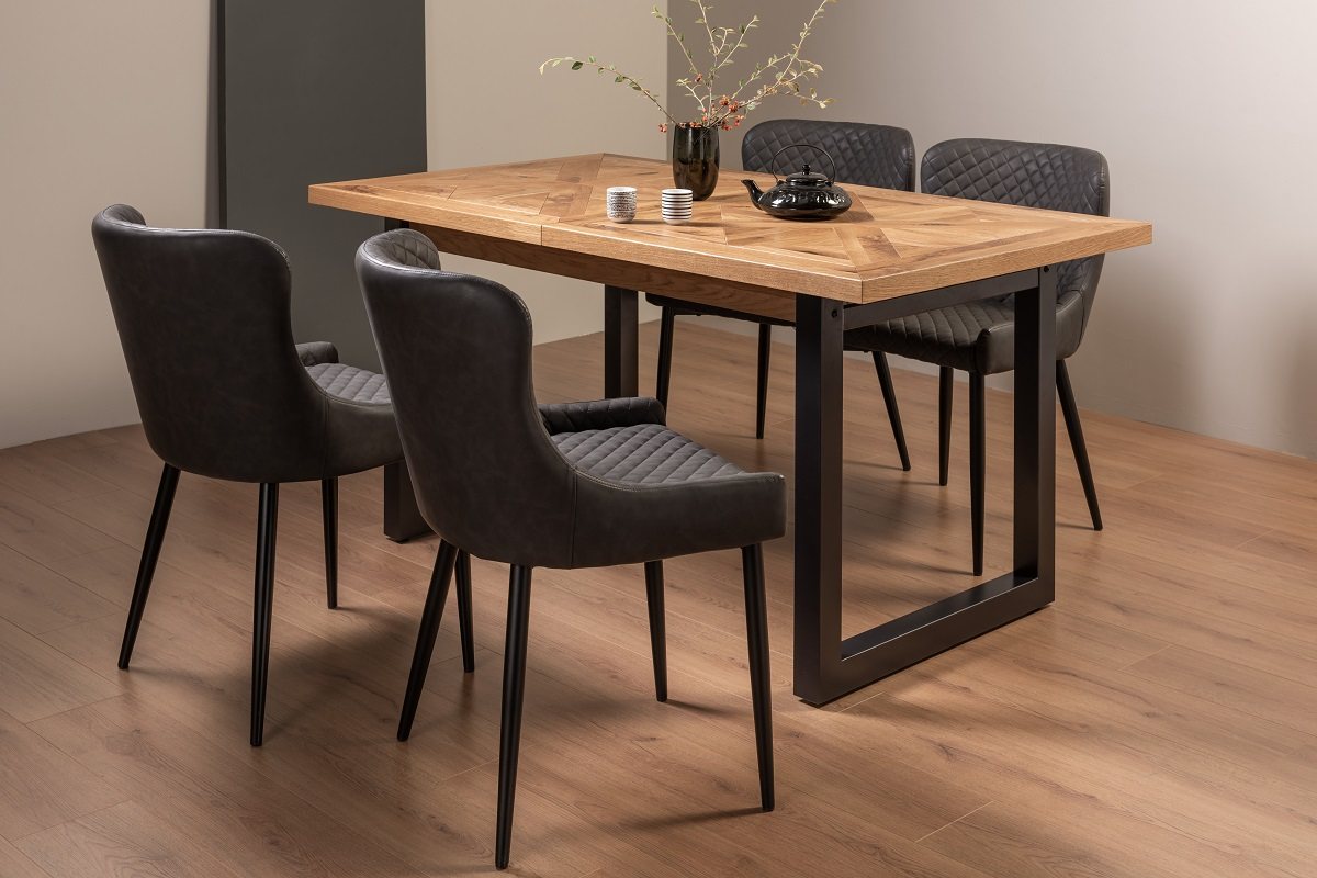 Lowry Rustic Oak 4-6 Dining Table & 4 Cezanne Chairs in Dark Grey Faux Leather with Black Legs