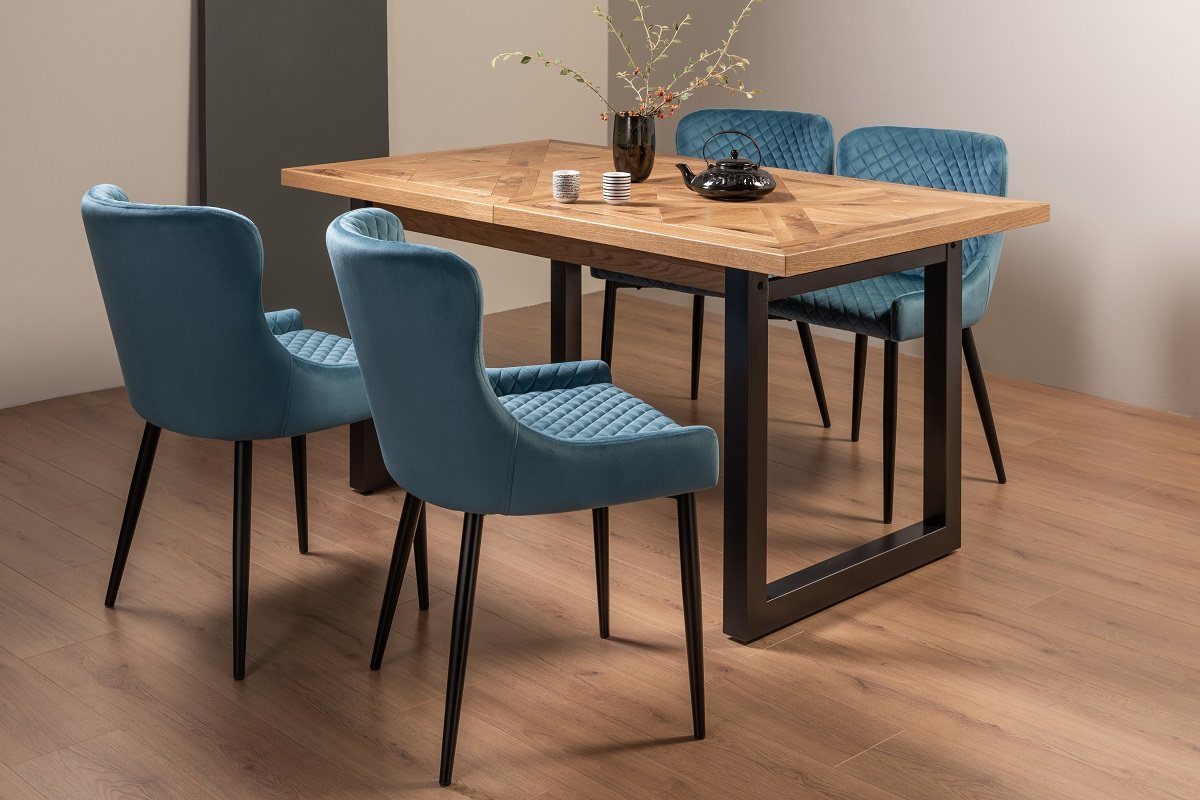 Lowry Rustic Oak 4-6 Dining Table & 4 Cezanne Chairs in Petrol Blue Velvet Fabric with Black Legs