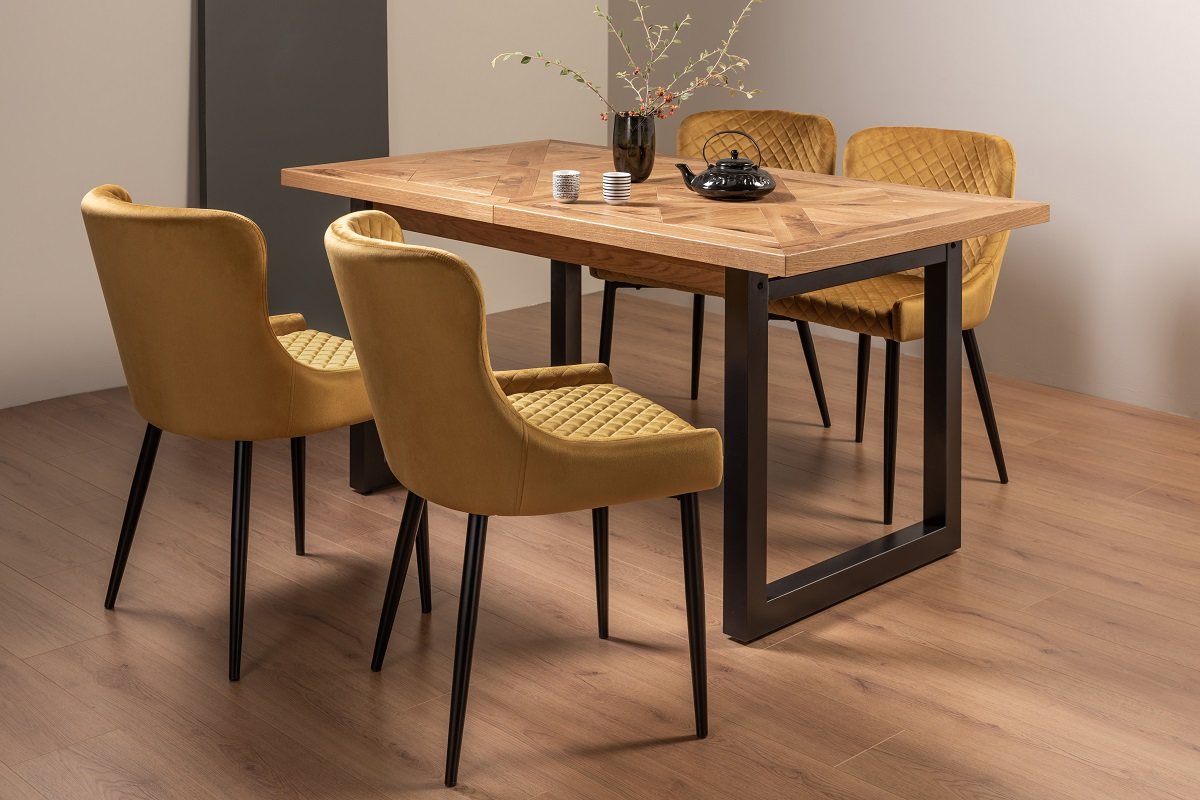 Lowry Rustic Oak 4-6 Dining Table & 4 Cezanne Chairs in Mustard Velvet Fabric with Black Legs