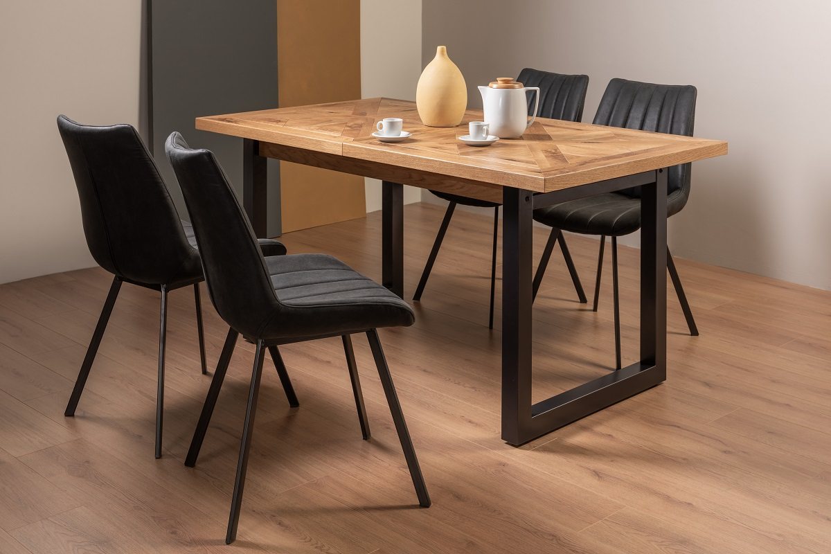 Lowry Rustic Oak 4-6 Dining Table & 4 Fontana Dark Grey Faux Suede Chairs