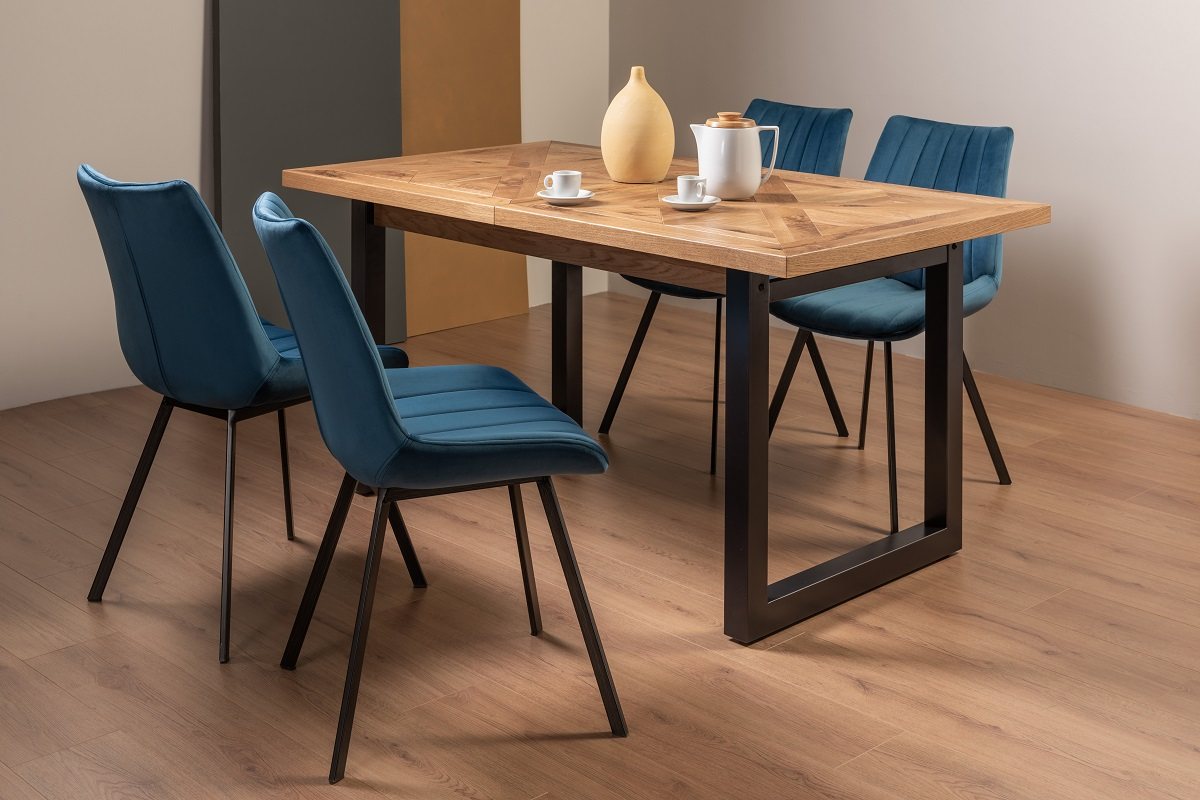 Lowry Rustic Oak 4-6 Dining Table & 4 Fontana Blue Velvet Fabric Chairs