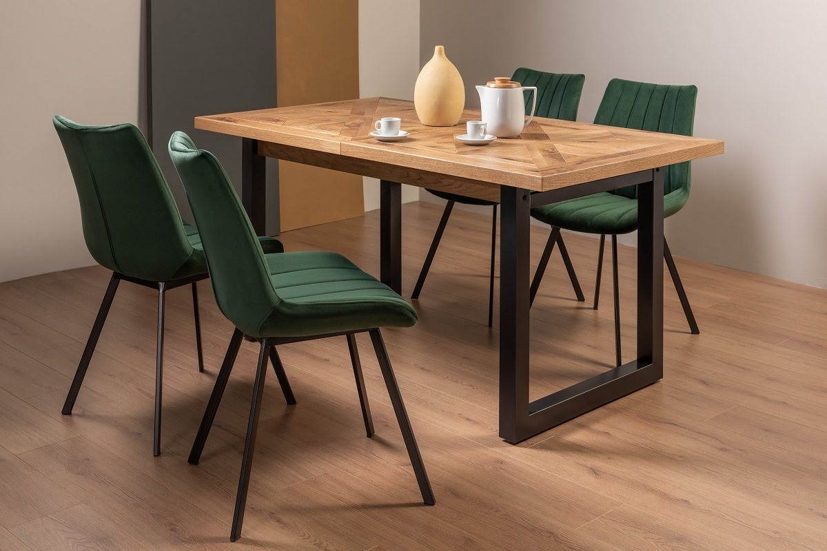 Lowry Rustic Oak 4-6 Dining Table & 4 Fontana Green Velvet Fabric Chairs