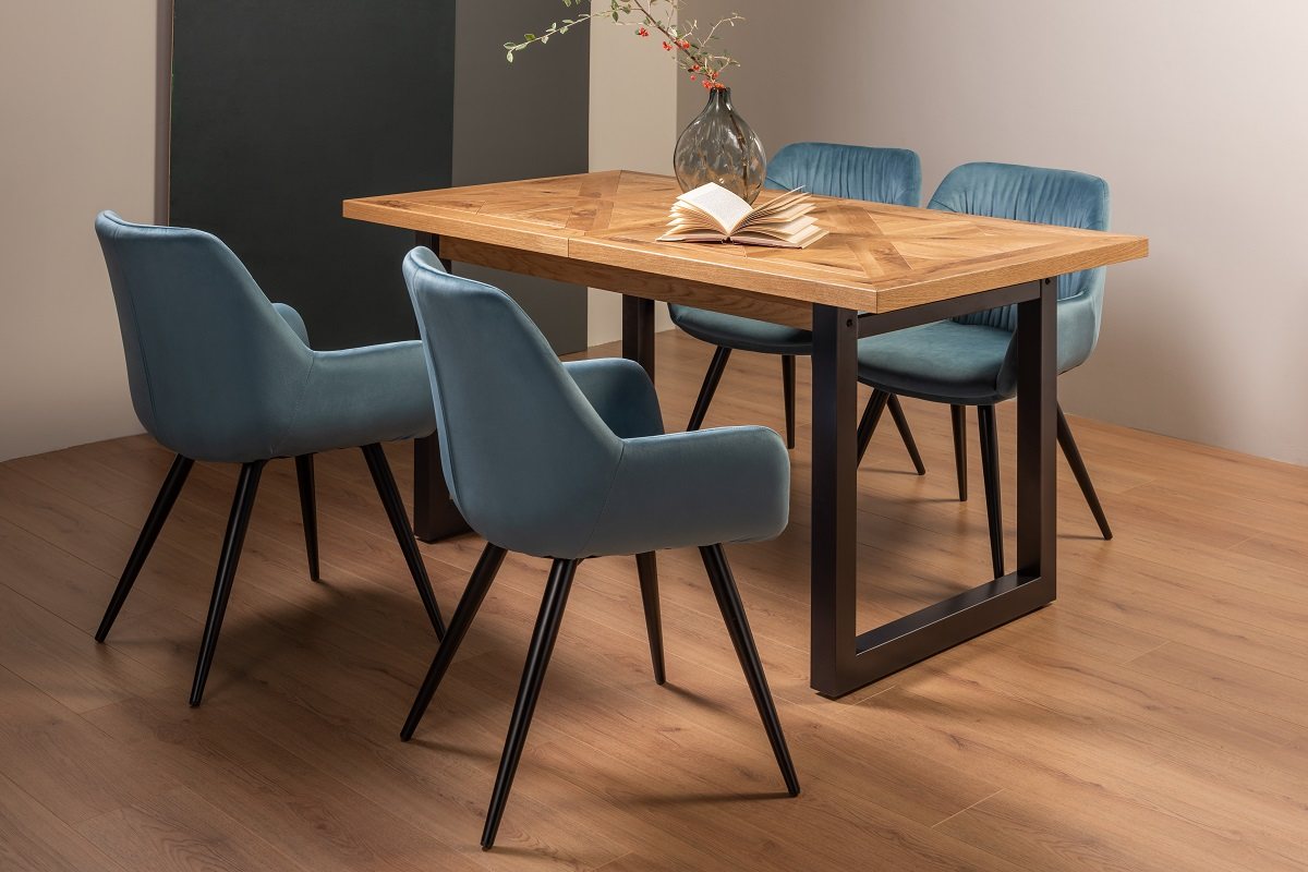 Lowry Rustic Oak 4-6 Dining Table & 4 Dali Petrol Blue Velvet Fabric Chairs