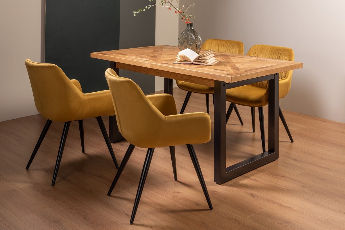 Lowry Rustic Oak 4-6 Dining Table & 4 Dali Mustard Velvet Fabric Chairs
