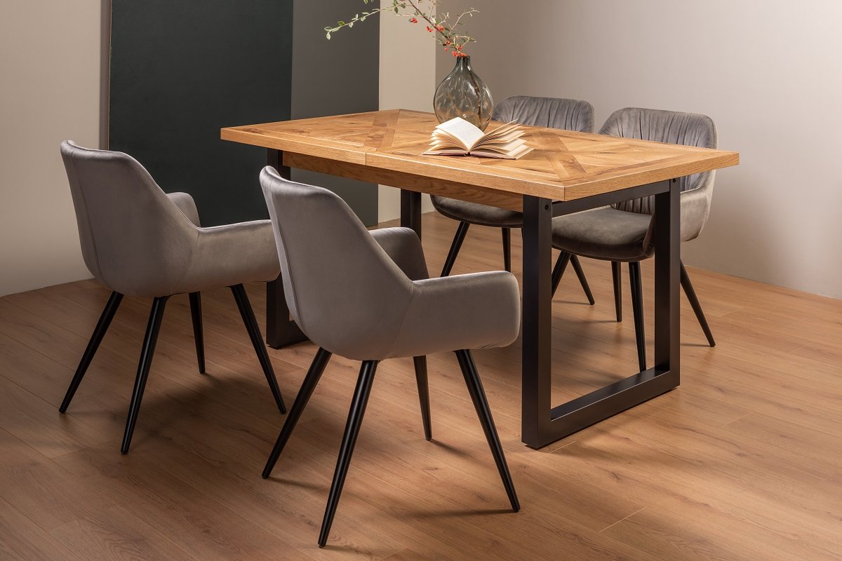 Lowry Rustic Oak 4-6 Dining Table & 4 Dali Grey Velvet Fabric Chairs