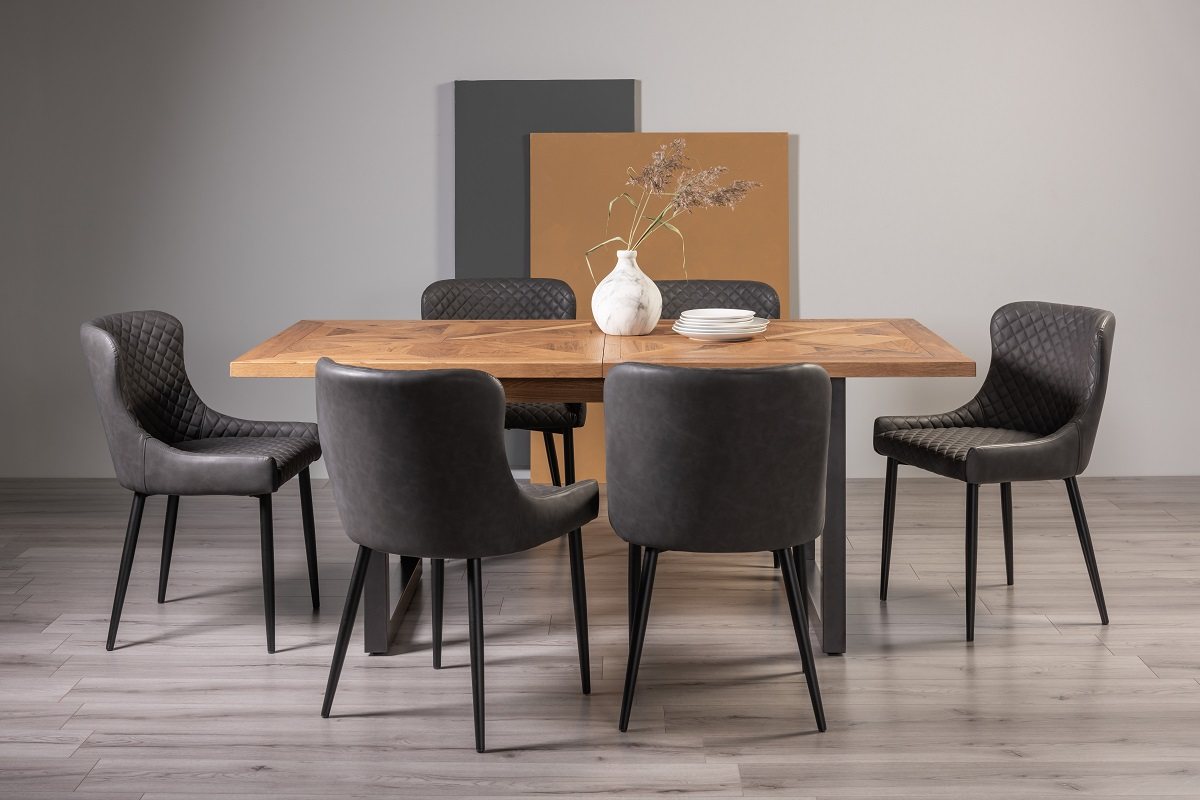 Lowry Rustic Oak 6-8 Dining Table & 6 Cezanne Chairs in Dark Grey Faux Leather with Black Legs