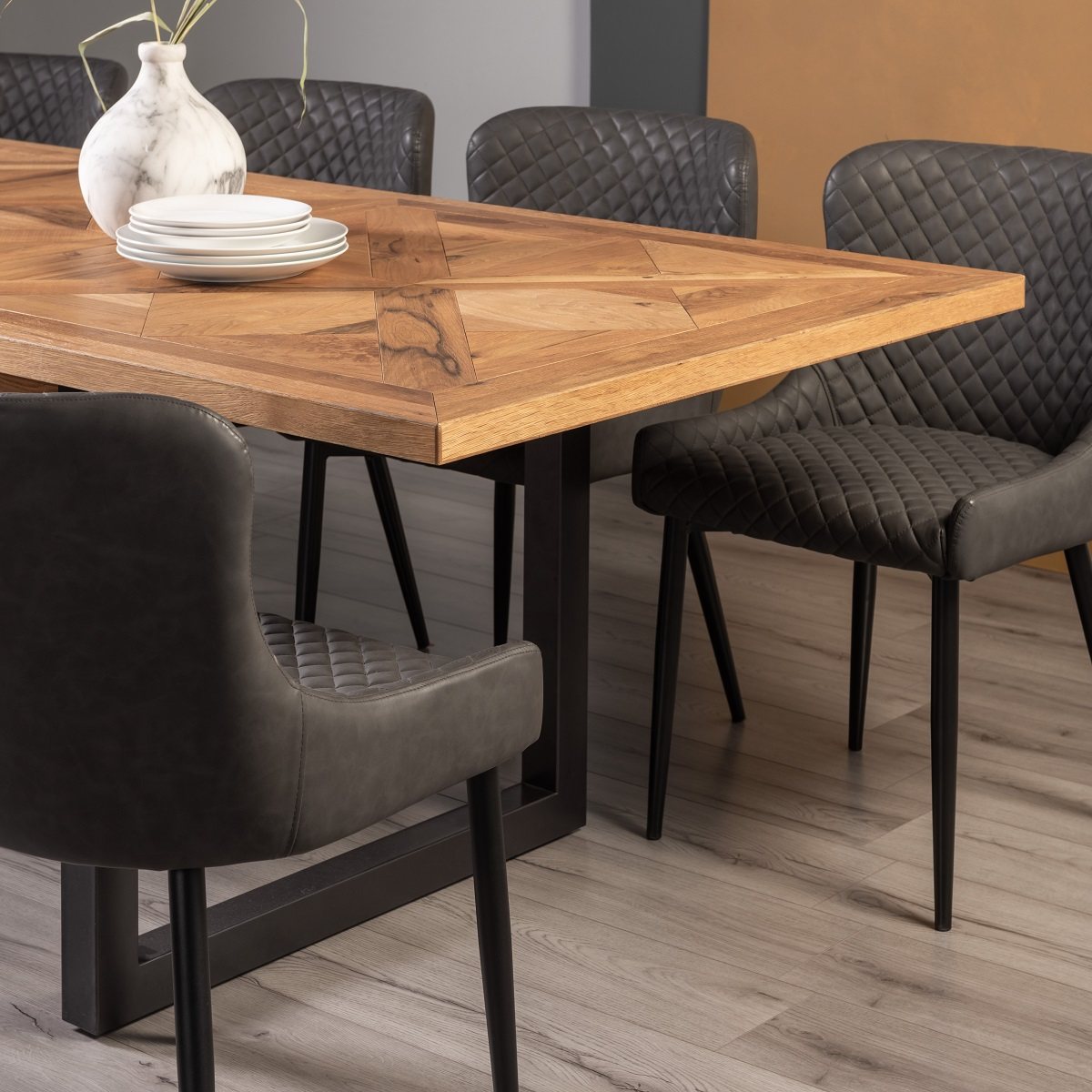 Lowry - Rustic Oak 6-8 Seater Extendable Dining Table & 6 Grey Faux Leather Cezanne Dining Chairs