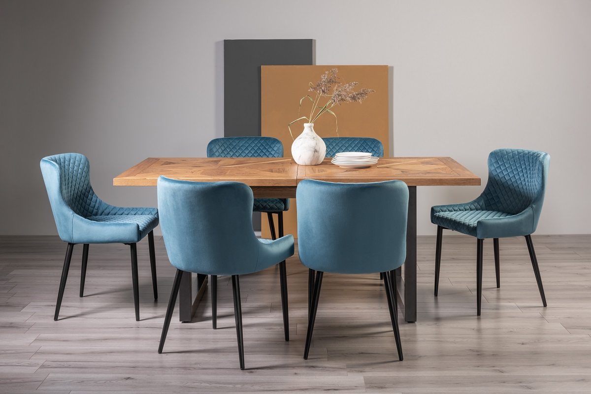 Lowry Rustic Oak 6-8 Dining Table & 6 Cezanne Chairs in Petrol Blue Velvet Fabric with Black Legs