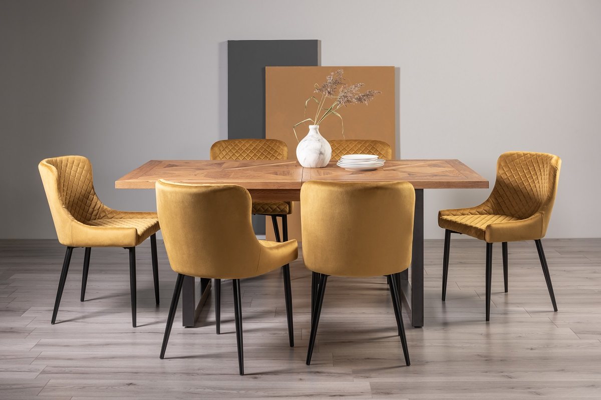 Lowry Rustic Oak 6-8 Dining Table & 6 Cezanne Chairs in Mustard Velvet Fabric with Black Legs