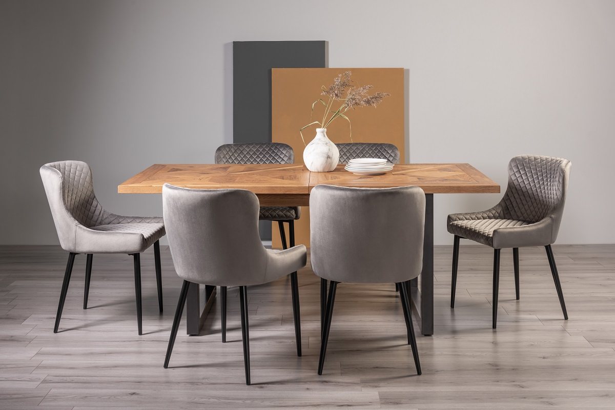 Lowry Rustic Oak 6-8 Dining Table & 6 Cezanne Chairs in Grey Velvet Fabric with Black Legs