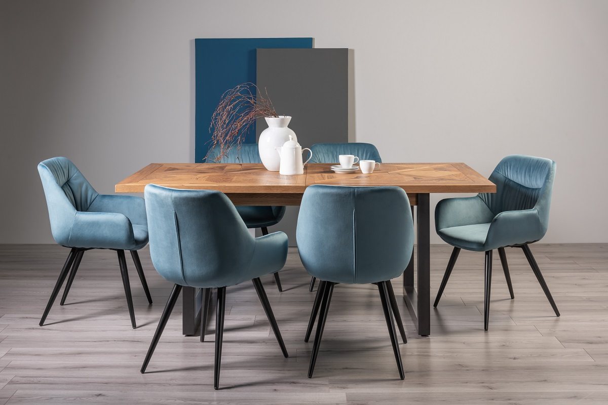 Lowry Rustic Oak 6-8 Dining Table & 6 Dali Petrol Blue Velvet Fabric Chairs