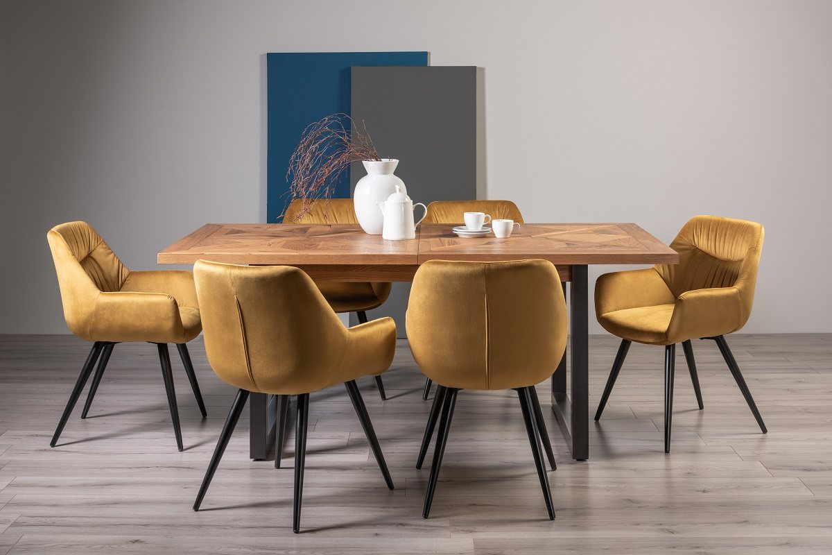 Lowry Rustic Oak 6-8 Dining Table & 6 Dali Mustard Velvet Fabric Chairs