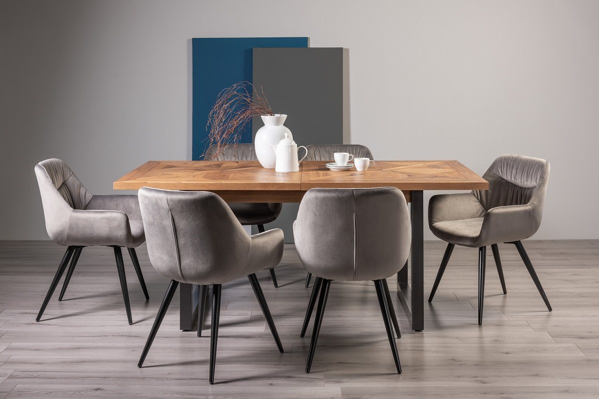 Lowry Rustic Oak 6-8 Dining Table & 6 Dali Grey Velvet Fabric Chairs