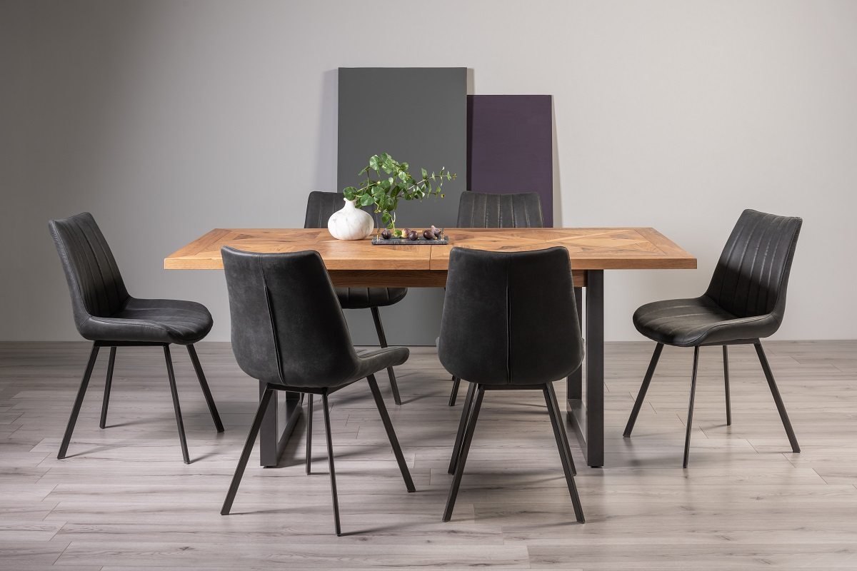 Lowry Rustic Oak 6-8 Dining Table & 6 Fontana Dark Grey Faux Suede Chairs