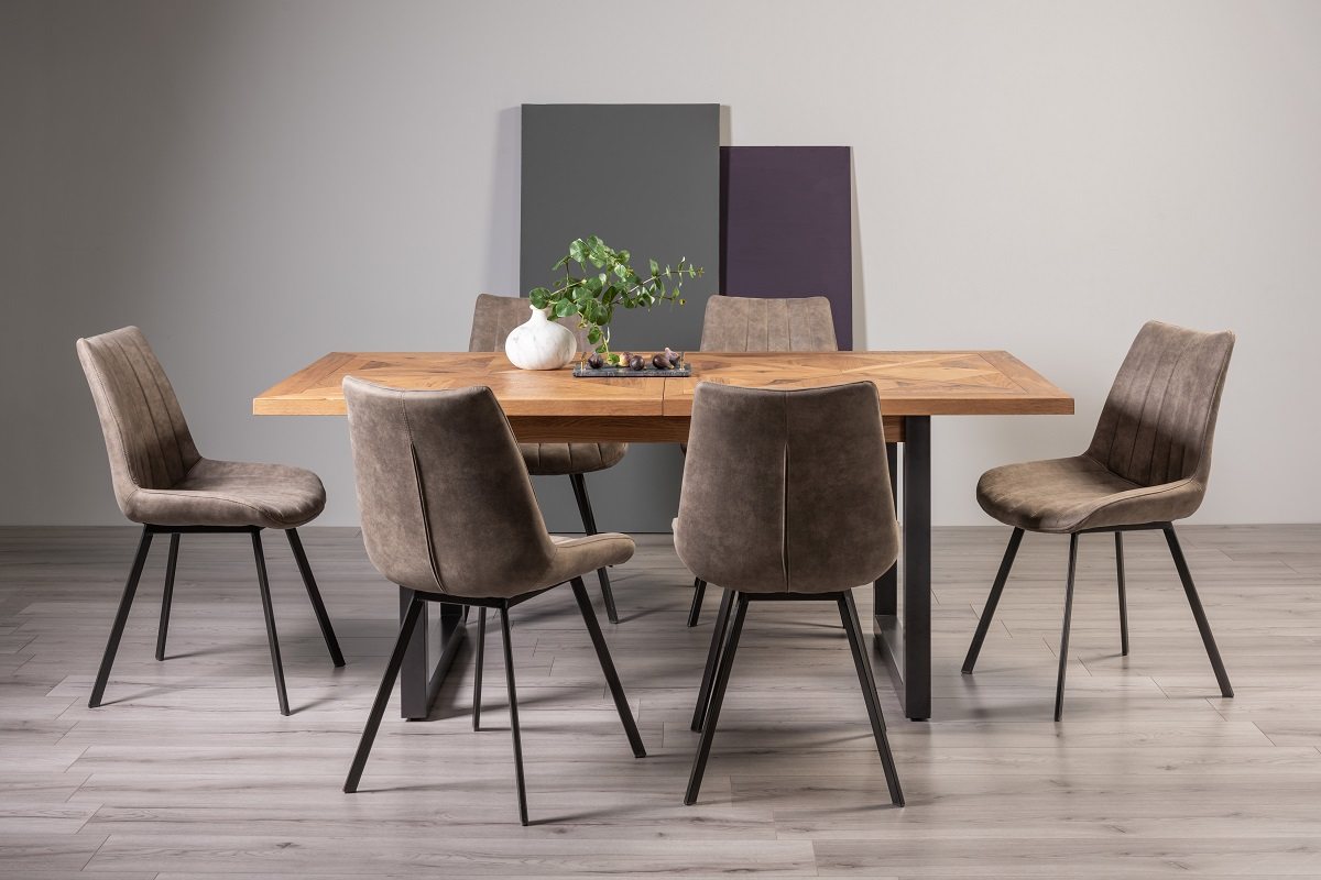 Lowry Rustic Oak 6-8 Dining Table & 6 Fontana Tan Faux Suede Chairs