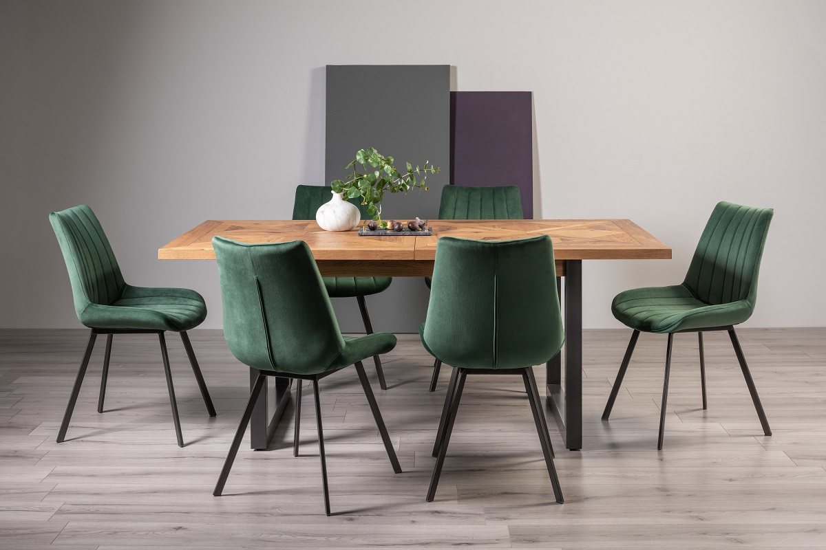 Lowry Rustic Oak 6-8 Dining Table & 6 Fontana Green Velvet Fabric Chairs