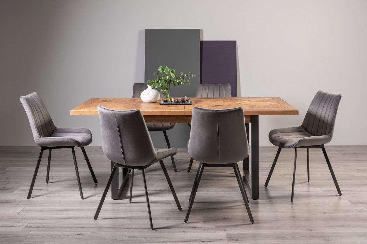 Lowry Rustic Oak 6-8 Dining Table & 6 Fontana Grey Velvet Fabric Chairs