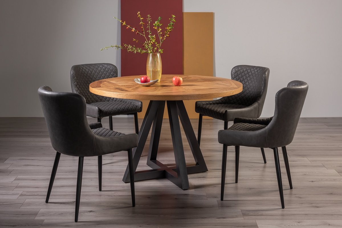 Lowry Rustic Oak 4 Seater Dining Table & 4 Cezanne Chairs in Dark Grey Faux Leather with Black Legs