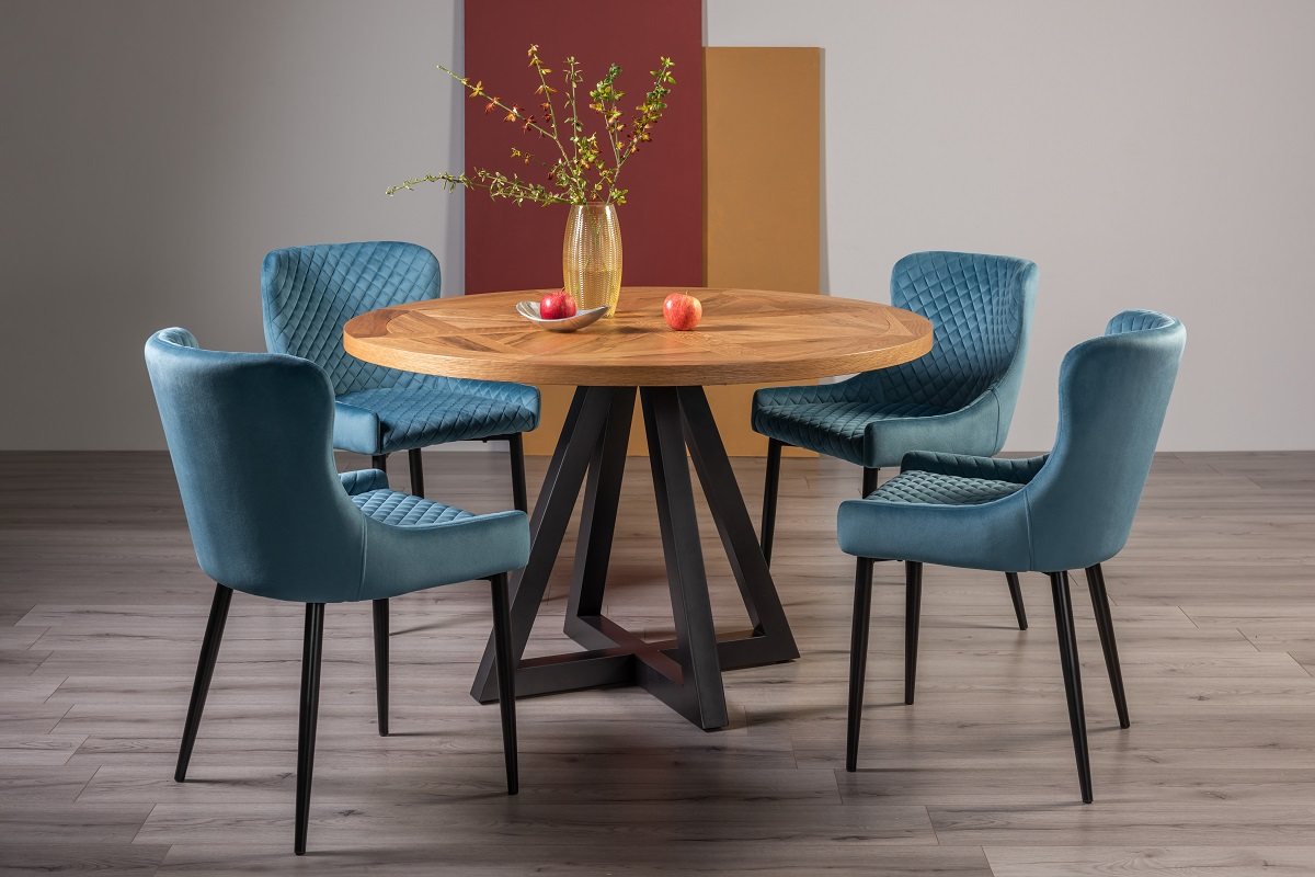 Lowry Rustic Oak 4 Seater Dining Table & 4 Cezanne Chairs in Petrol Blue Velvet Fabric with Black Legs