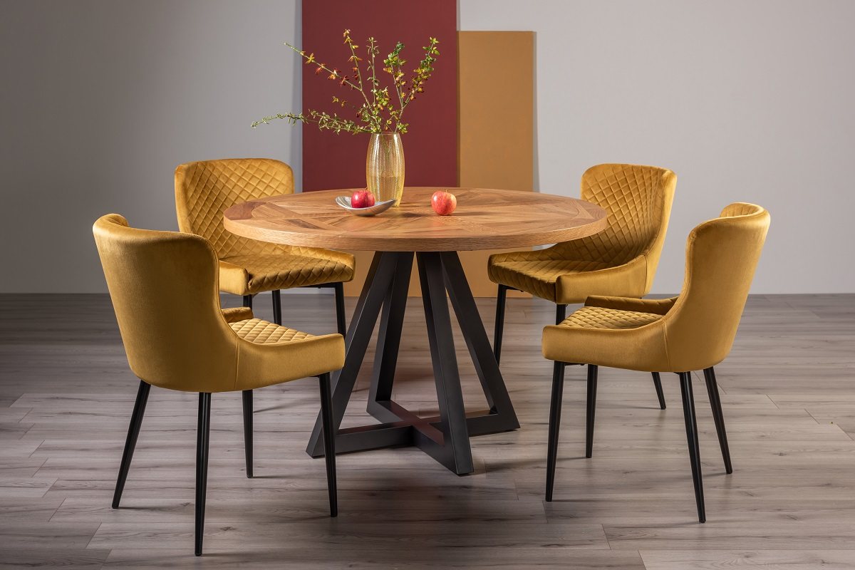 Lowry Rustic Oak 4 Seater Dining Table & 4 Cezanne Chairs in Mustard Velvet Fabric with Black Legs