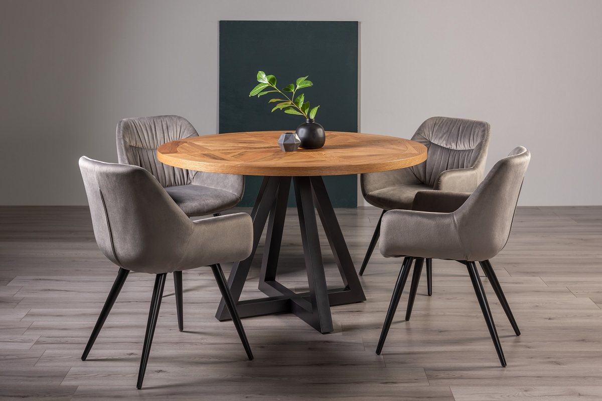 Lowry Rustic Oak 4 Seater Dining Table & 4 Dali Grey Velvet Fabric Chairs