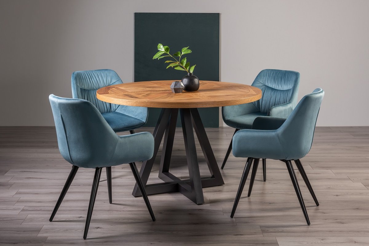 Lowry Rustic Oak 4 Seater Dining Table & 4 Dali Petrol Blue Velvet Fabric Chairs
