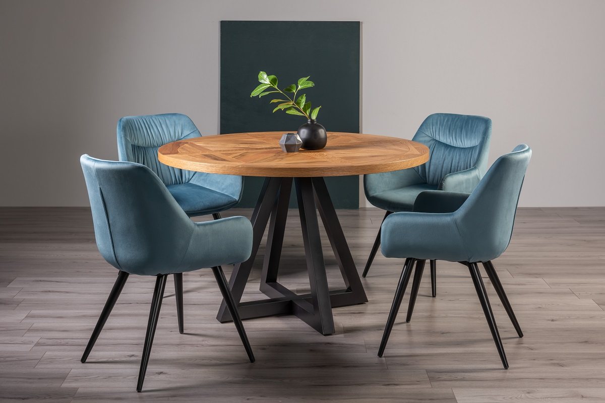 Lowry Rustic Oak 4 Seater Dining Table & 4 Dali Petrol Blue Velvet Fabric Chairs
