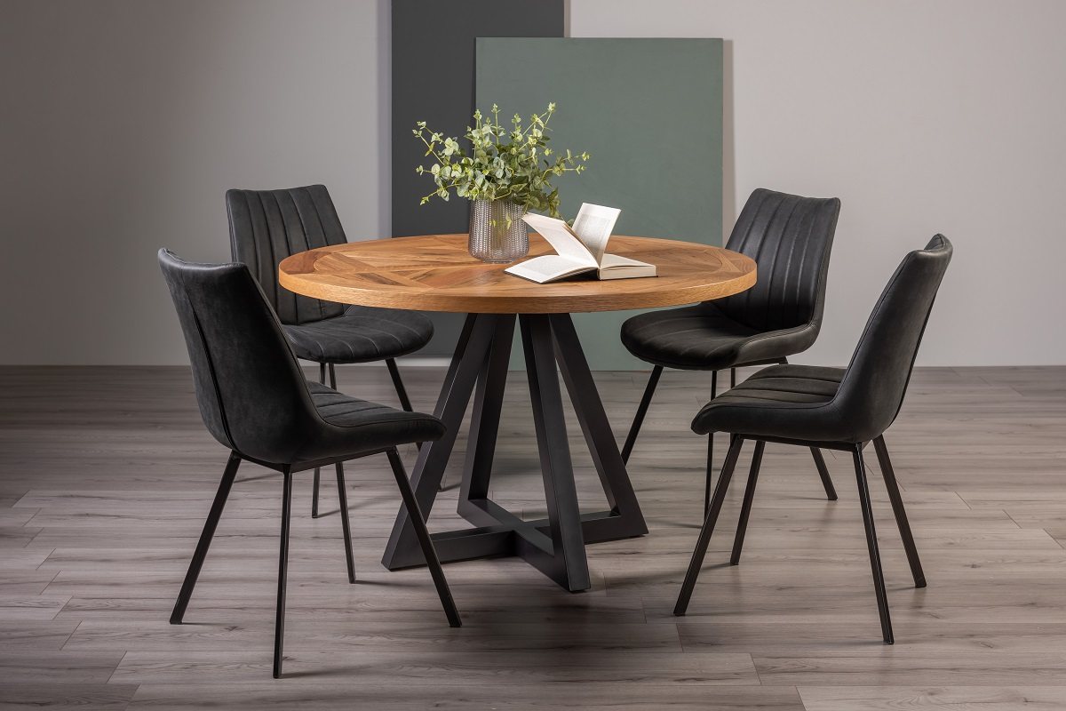 Lowry Rustic Oak 4 Seater Dining Table & 4 Fontana Dark Grey Faux Suede Chairs