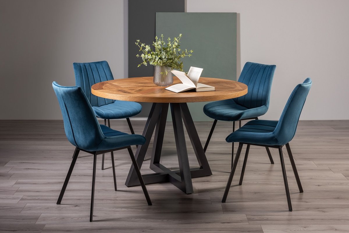 Lowry Rustic Oak 4 Seater Dining Table & 4 Fontana Blue Velvet Fabric Chairs