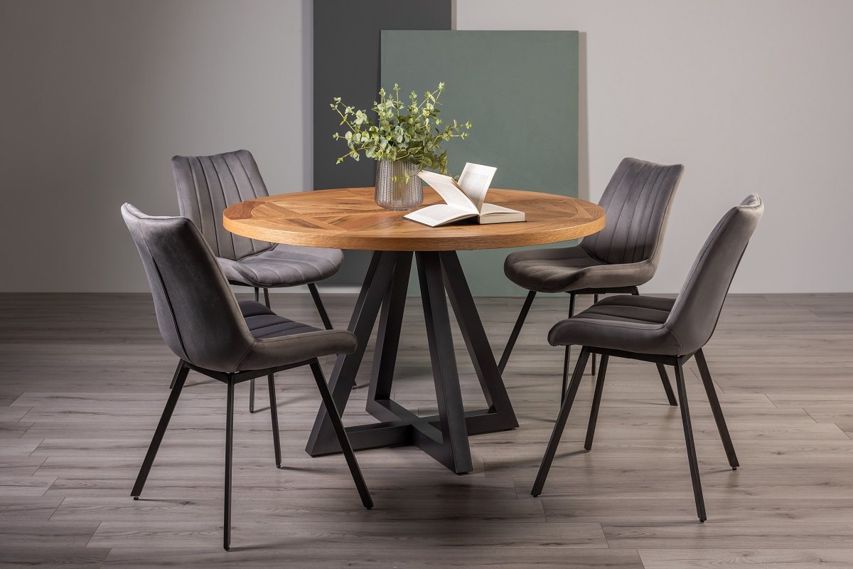 Lowry Rustic Oak 4 Seater Dining Table & 4 Fontana Grey Velvet Fabric Chairs