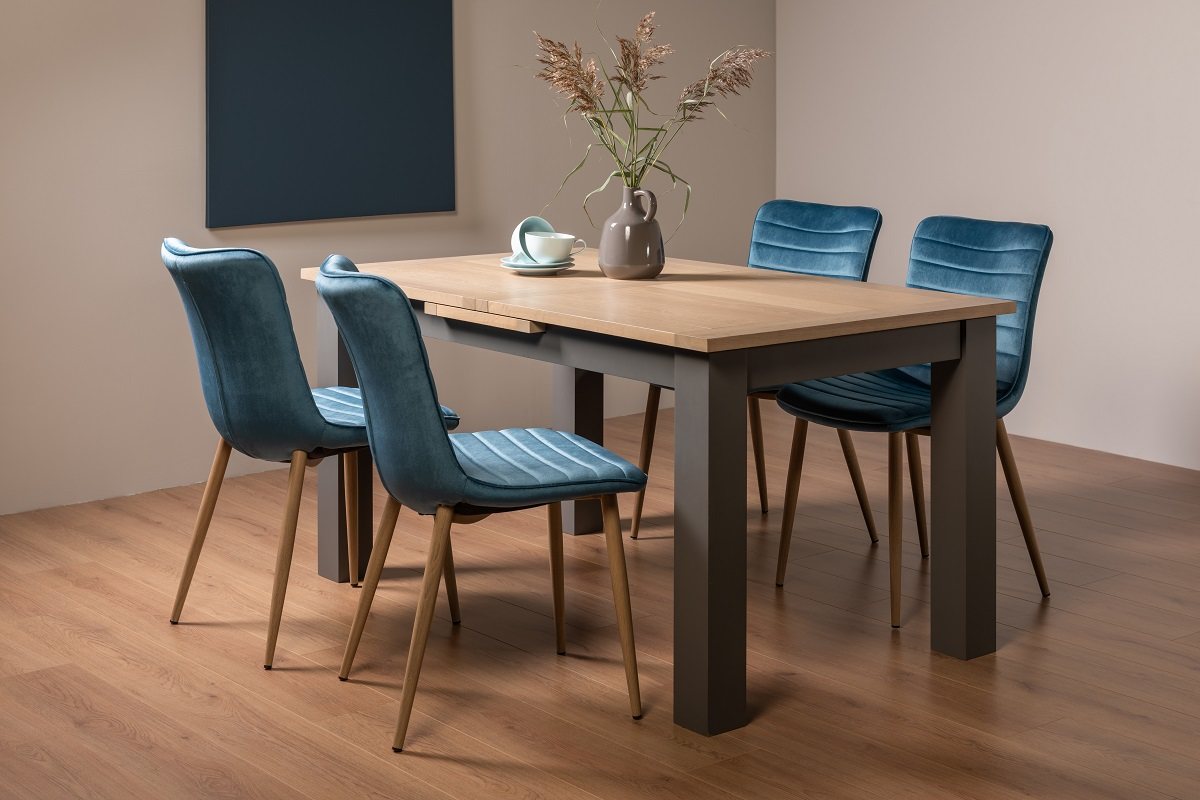 Hopper Scandi Oak 4-6 Dining Table & 4 Eriksen Petrol Blue Velvet Fabric Chairs