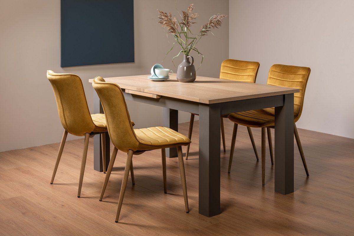 Hopper Scandi Oak 4-6 Dining Table & 4 Eriksen Mustard Velvet Fabric Chairs