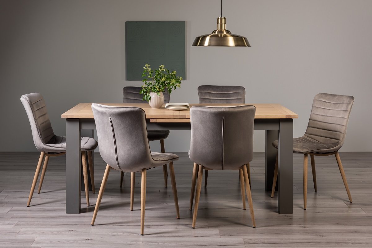 Hopper Scandi Oak 6-8 Dining Table & 6 Eriksen Grey Velvet Fabric Chairs