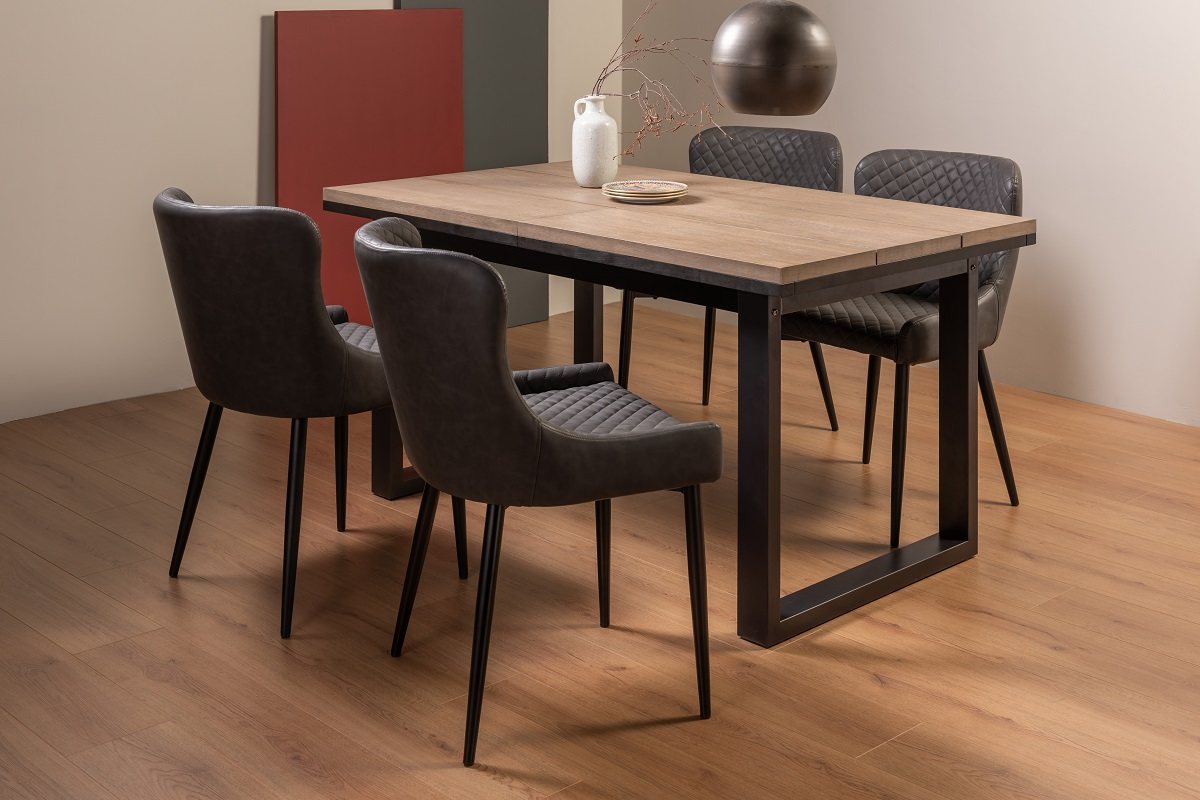 Turner Weathered Oak 4-6 Dining Table & 4 Cezanne Chairs in Dark Grey Faux Leather with Black Legs