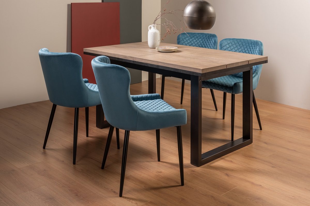 Turner Weathered Oak 4-6 Dining Table & 4 Cezanne Chairs in Petrol Blue Velvet Fabric with Black Legs