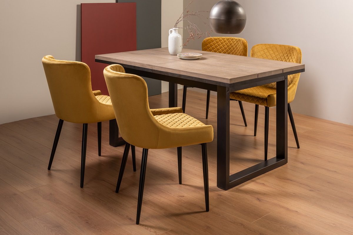 Turner Weathered Oak 4-6 Dining Table & 4 Cezanne Chairs in Mustard Velvet Fabric with Black Legs