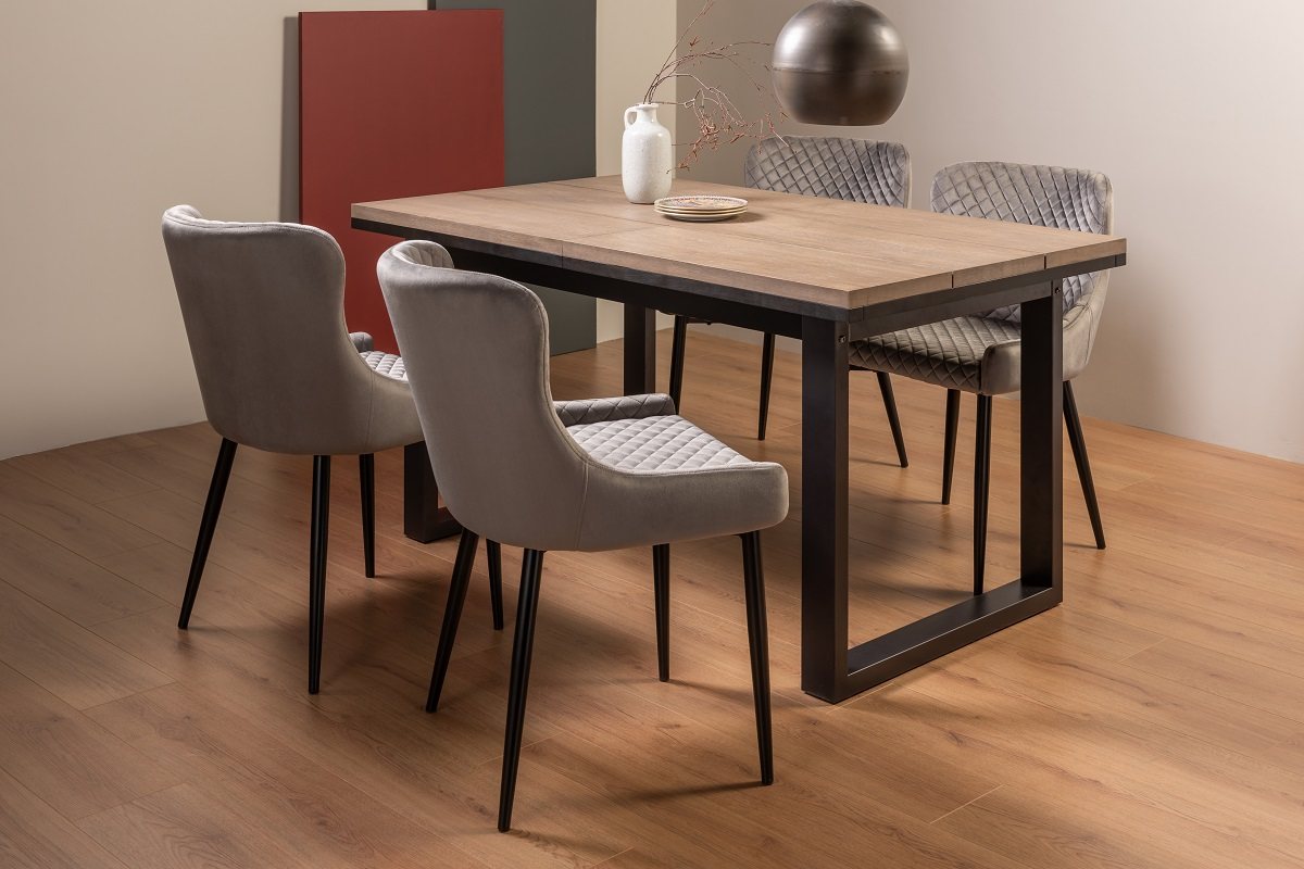 Turner Weathered Oak 4-6 Dining Table & 4 Cezanne Chairs in Grey Velvet Fabric with Black Legs