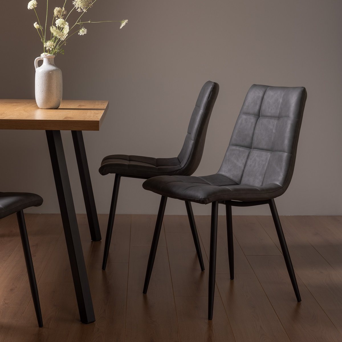 Mondrian - Dining Chair in Dark Grey Faux Leather (Pair)