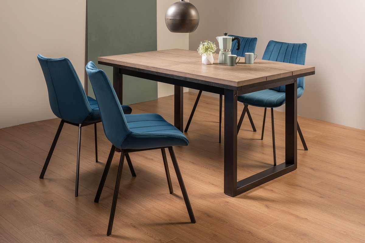 Turner Weathered Oak 4-6 Dining Table & 4 Fontana Blue Velvet Fabric Chairs