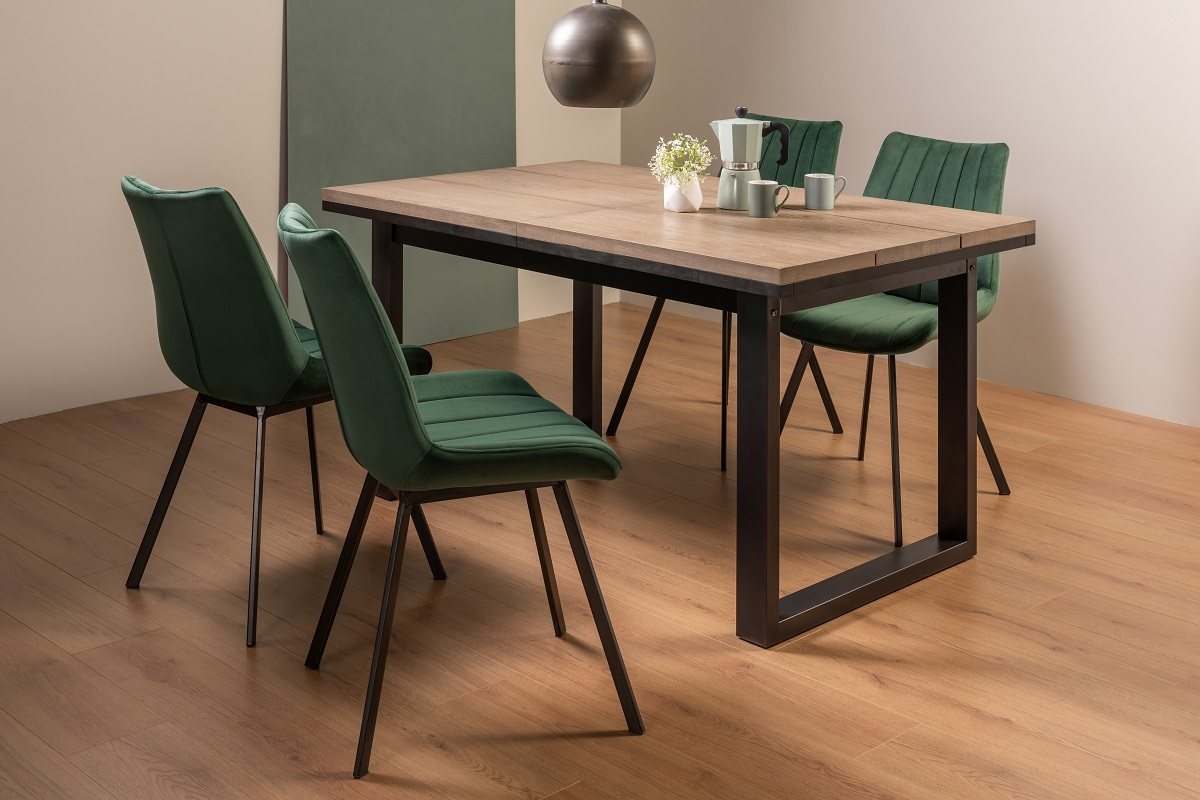 Turner Weathered Oak 4-6 Dining Table & 4 Fontana Green Velvet Fabric Chairs